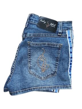 Baby Phat Women's Blue Denim Shorts with Embroidered Pocket & Blue Side Stripe